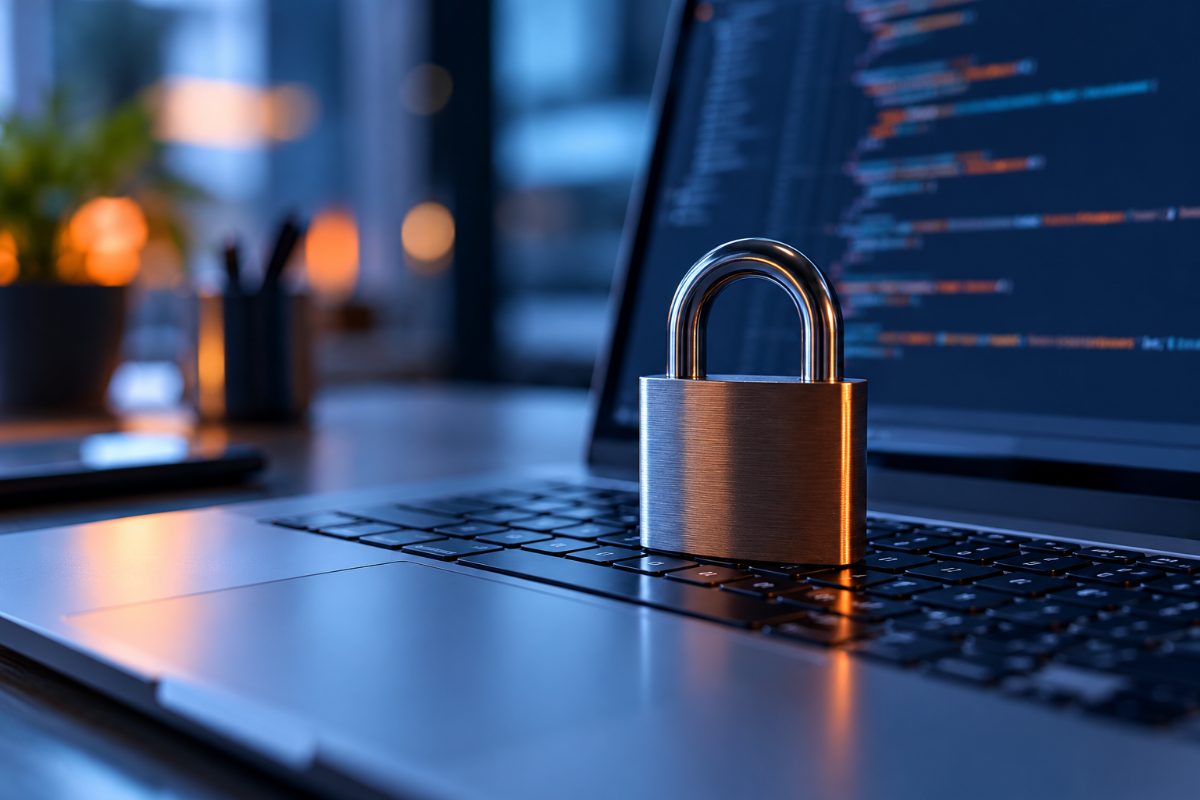 Cadenas métallique posé sur le clavier d'un ordinateur portable, devant un écran de code