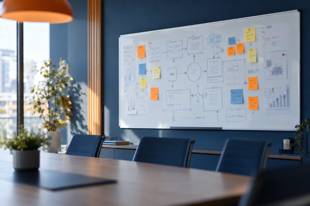 Tableau blanc couvert de schémas de processus et de post-it dans une salle de réunion lumineuse