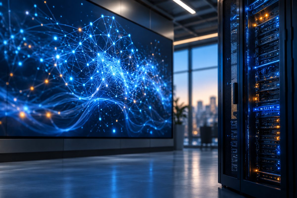 Salle technique avec un serveur et un grand écran affichant un réseau de neurones lumineux