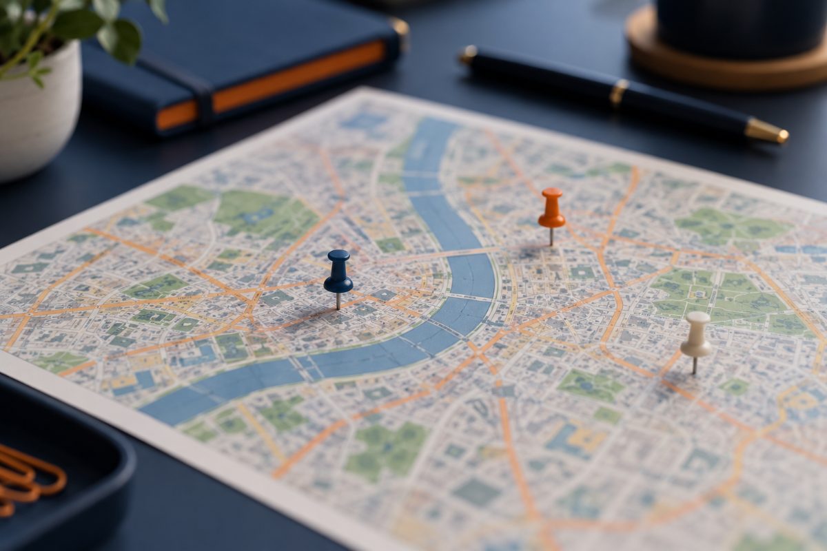 Plan de ville imprimé avec trois punaises de couleur sur un bureau