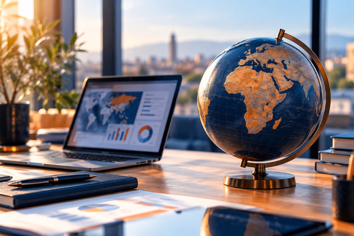 Globe terrestre posé près d'un ordinateur portable, pour la coopération internationale