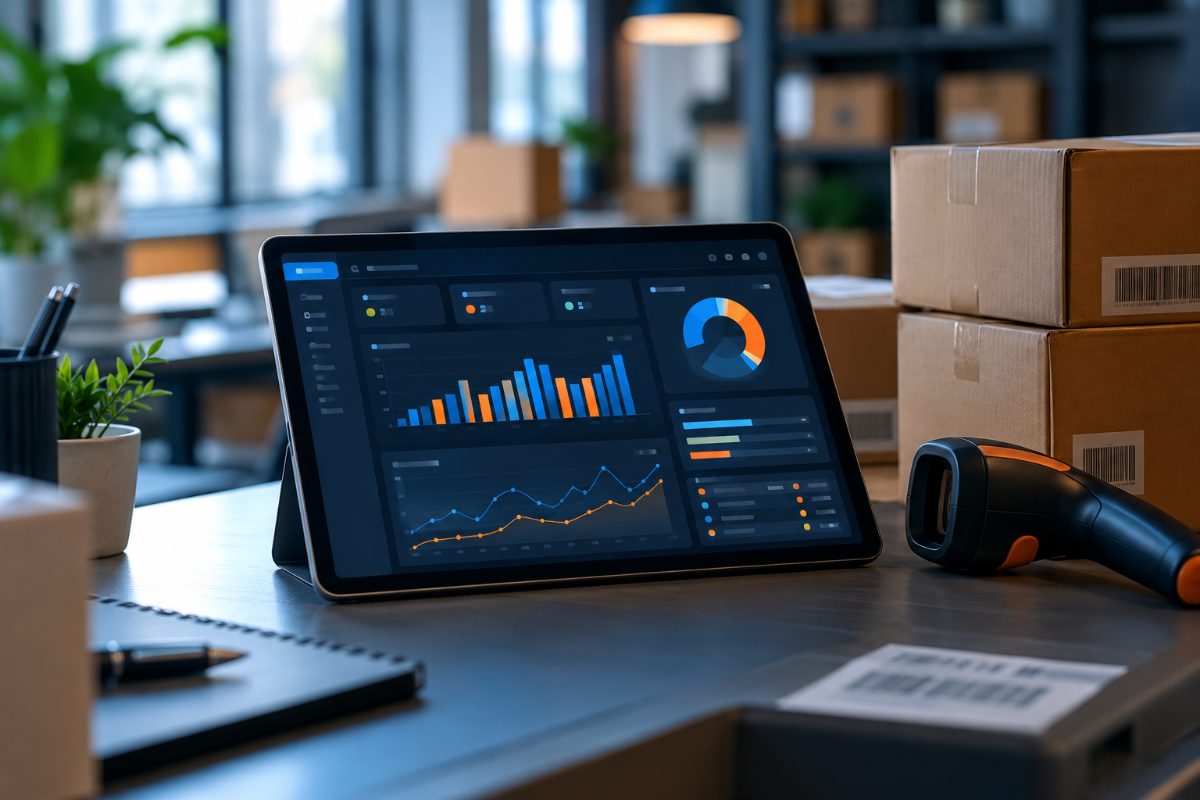 Tablette affichant un tableau de bord de gestion, avec des cartons de stock et un scanner de codes-barres
