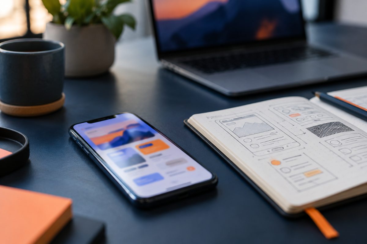 Smartphone affichant une interface d'application, posé près d'un carnet de wireframes
