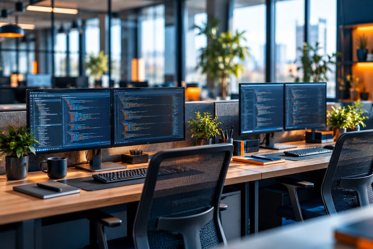 Deux postes de travail de développeur avec doubles écrans de code dans un open space moderne