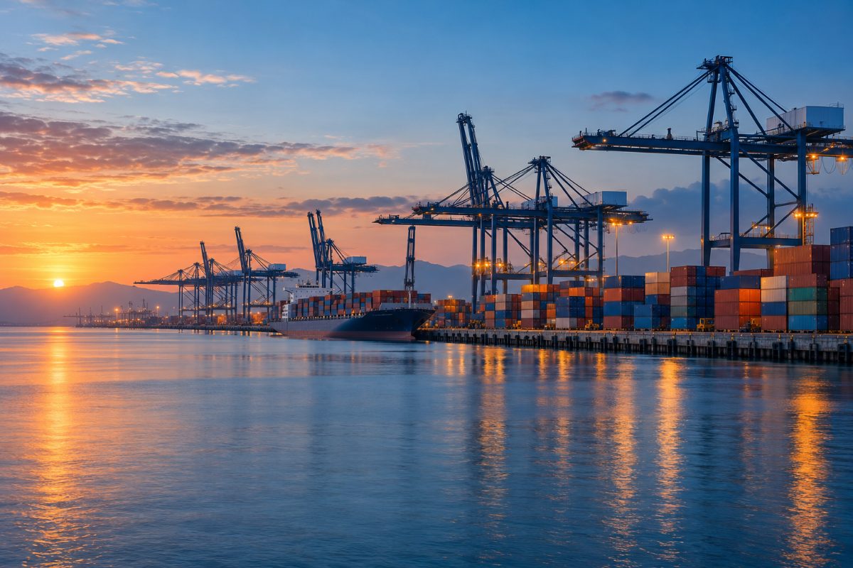 Port à conteneurs au lever du jour, avec grues portuaires et piles de conteneurs